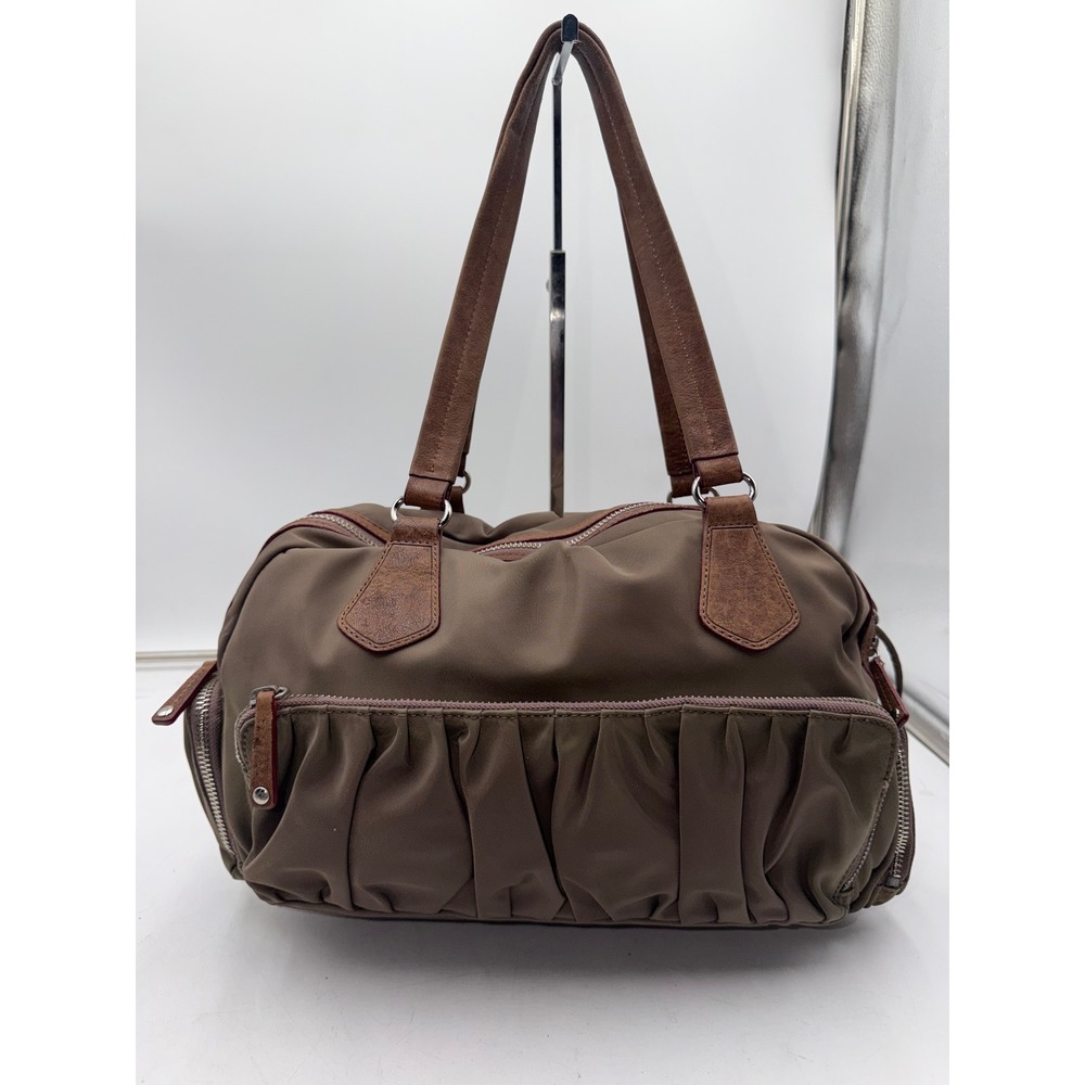 MZ Wallace Nylon Pleated Satchel Bag Olive Brown Leather Trim Multi Pocket
